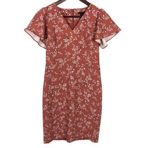 Ann Taylor V-Neck Orange Pink White Floral Short Sleeve Dress Women's Petite 0P